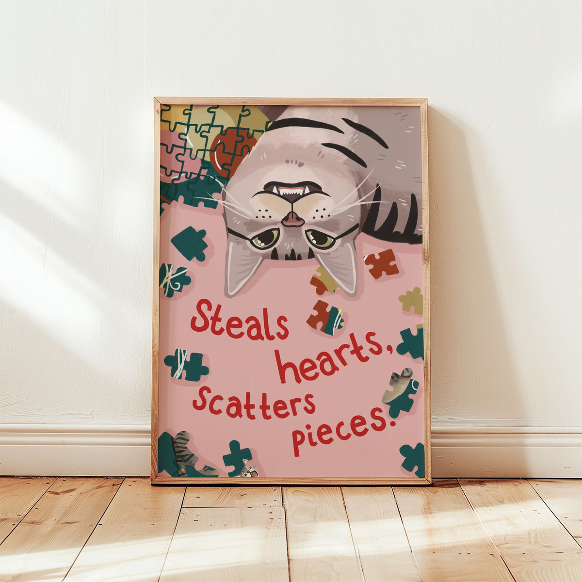 Unframed cat puzzle print with playful hearts and text in orange and red
