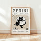 Gemini Katzensternzeichen-Druck im Holzrahmen, ungerahmt wirkend, „Gemini“ und Datum „May 21–Jun 21“