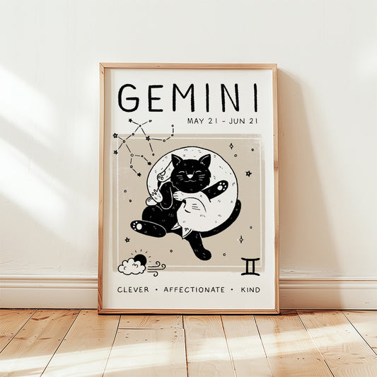 Gemini Cat Zodiac Star Sign Print (unframed)