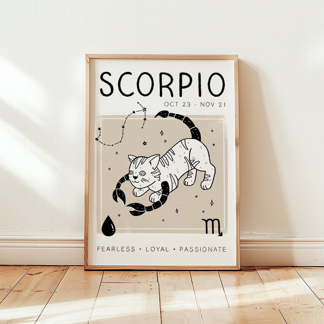 Scorpio zodiac cat print with black-and-white cat illustration and SCORPIO text