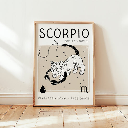 Scorpio zodiac cat print with black-and-white cat illustration and SCORPIO text