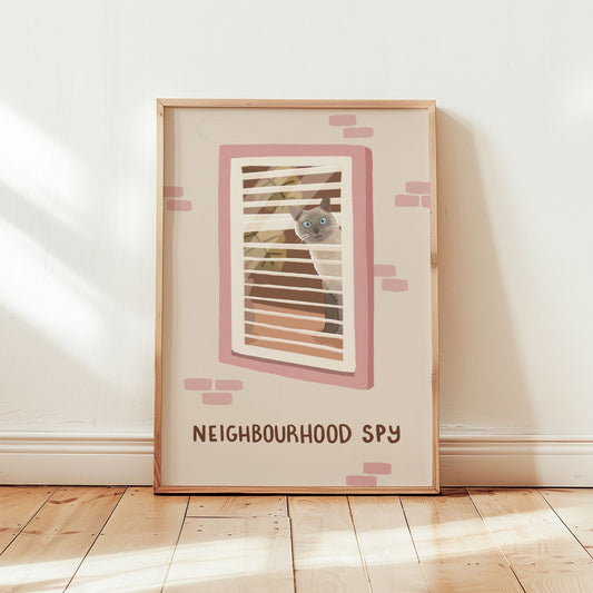 Framed cat spy print showing window bars and 'NEIGHBOURHOOD SPY' text, pink accents.
