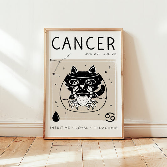 Cancer Sternzeichen-Print: Katze im Kreis, Jun 22–Jul 22, „Intuitive, Loyal, Tenacious“