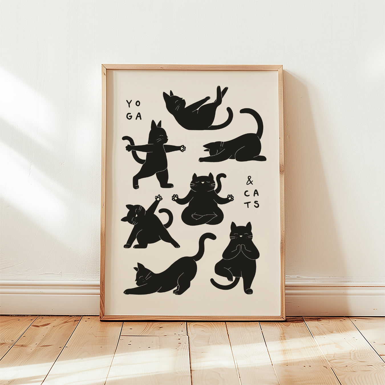 Cat yoga poses art print, black silhouettes on light background, minimalist boho cats