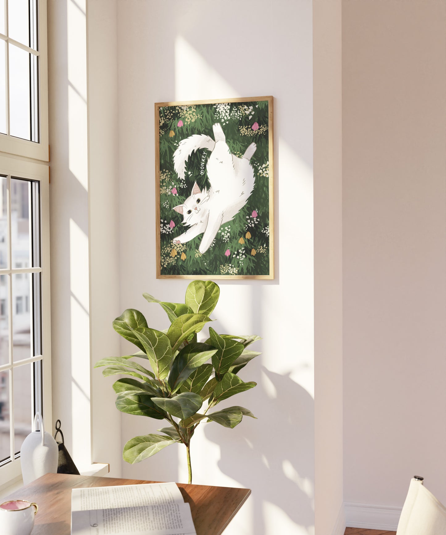 Personalised Cat and Wildflowers Wall Art Print (unframed)