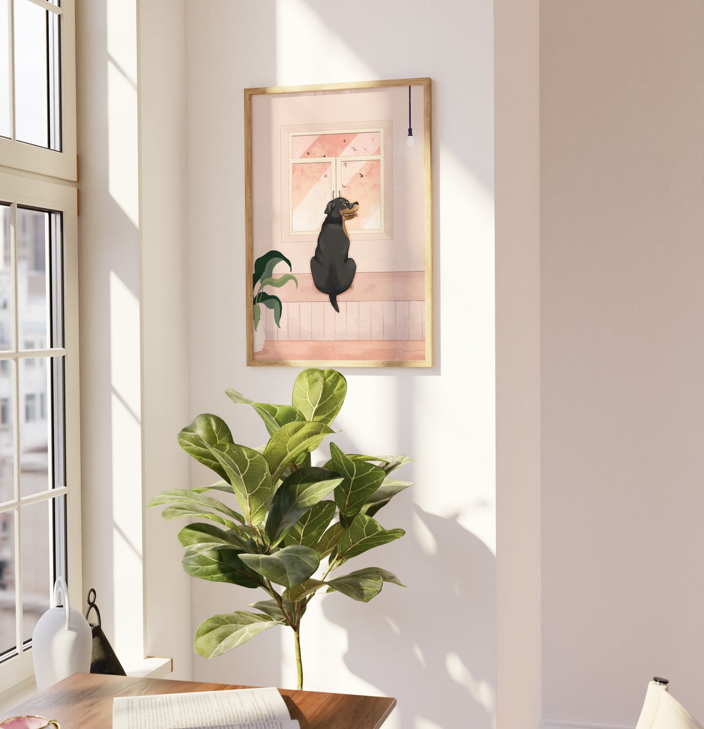 Personalised Dog Portrait of Pets Looking Out the Window Art Print (unframed)