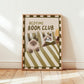 Bedtime Book Club cat print, unframed; green striped bedding with cats reading