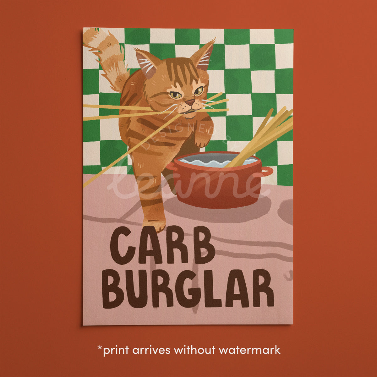 Cat wall art print with orange tabby burglar cat carrying food bowl, “CARB BURGLAR”