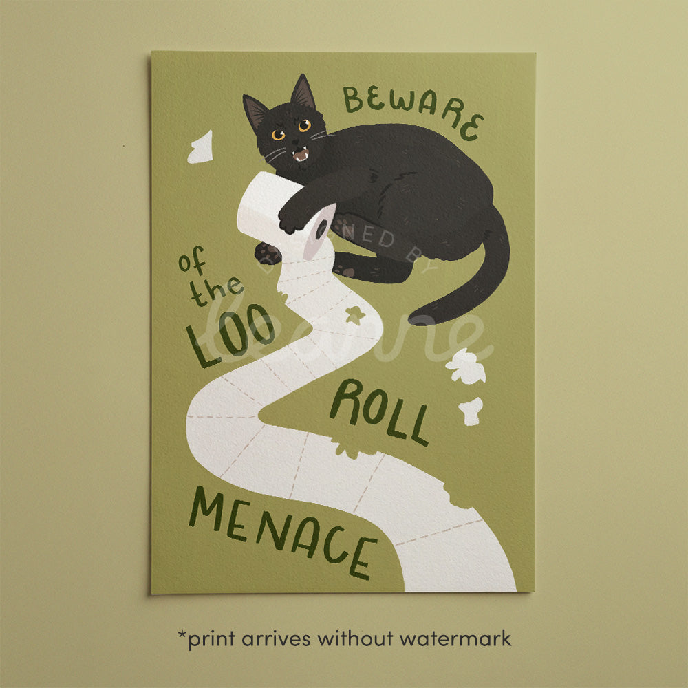 Cat bathroom print: black cat on toilet paper, olive green background, framed border