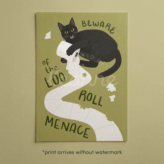 Cat bathroom print: black cat on toilet paper, olive green background, framed border
