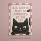 Framed cat approval print with lilac border, pink text, black cat face centered