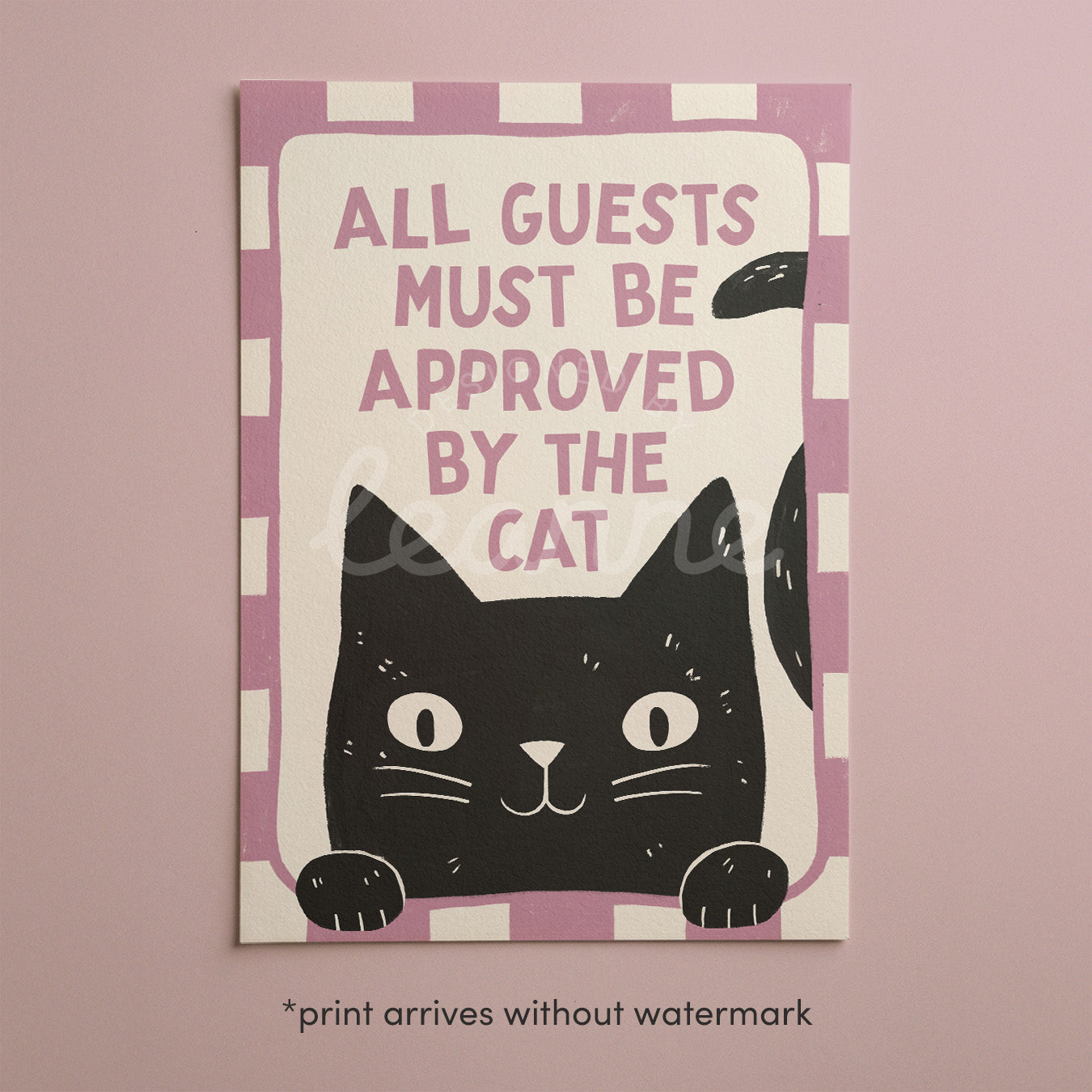 Framed cat approval print with lilac border, pink text, black cat face centered