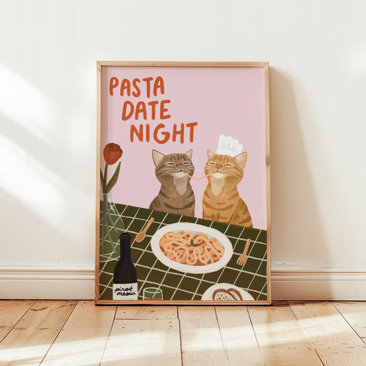 Pasta Date Night Katzenprint (unframed) auf hellem Hintergrund, Schrift in Orange und Rose