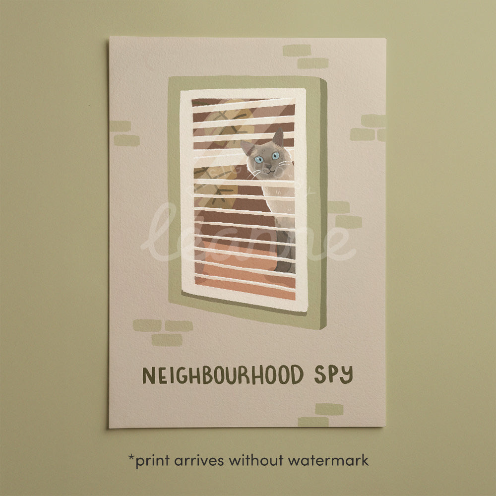 Unframed cat spy print with window-bar scene and 'NEIGHBOURHOOD SPY' text in green accents.