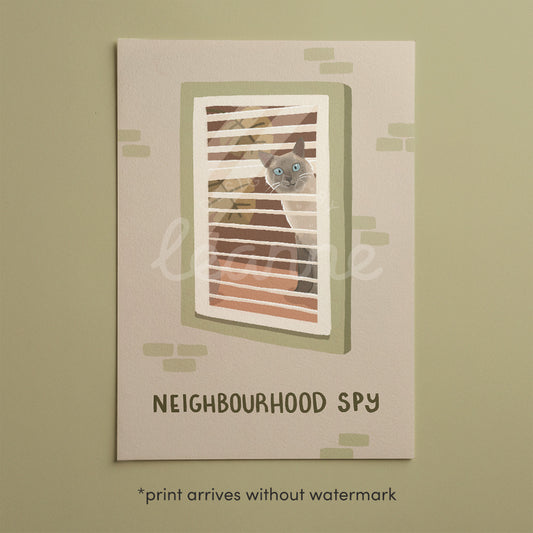 Unframed cat spy print with window-bar scene and 'NEIGHBOURHOOD SPY' text in green accents.