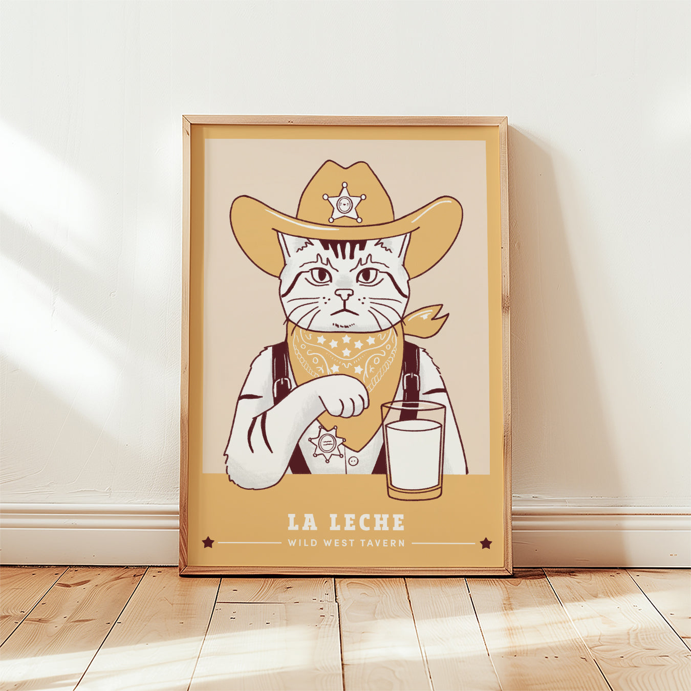 Cowboy sheriff cat poster print, unframed, butter yellow colorway