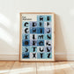 Cat Alphabet Katzenalphabet-Print mit Buchstaben und Katzenmotiven, blau im Rahmen