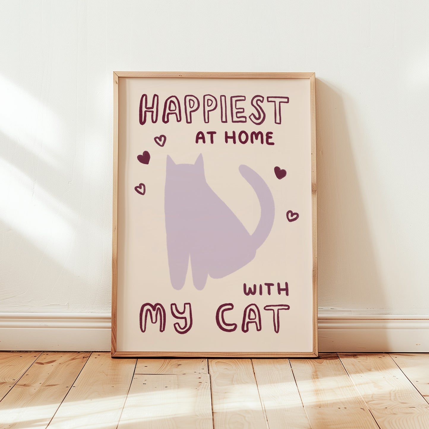 Happiest at Home print with purple cat, burgundy hearts, “with my cat” in wood frame