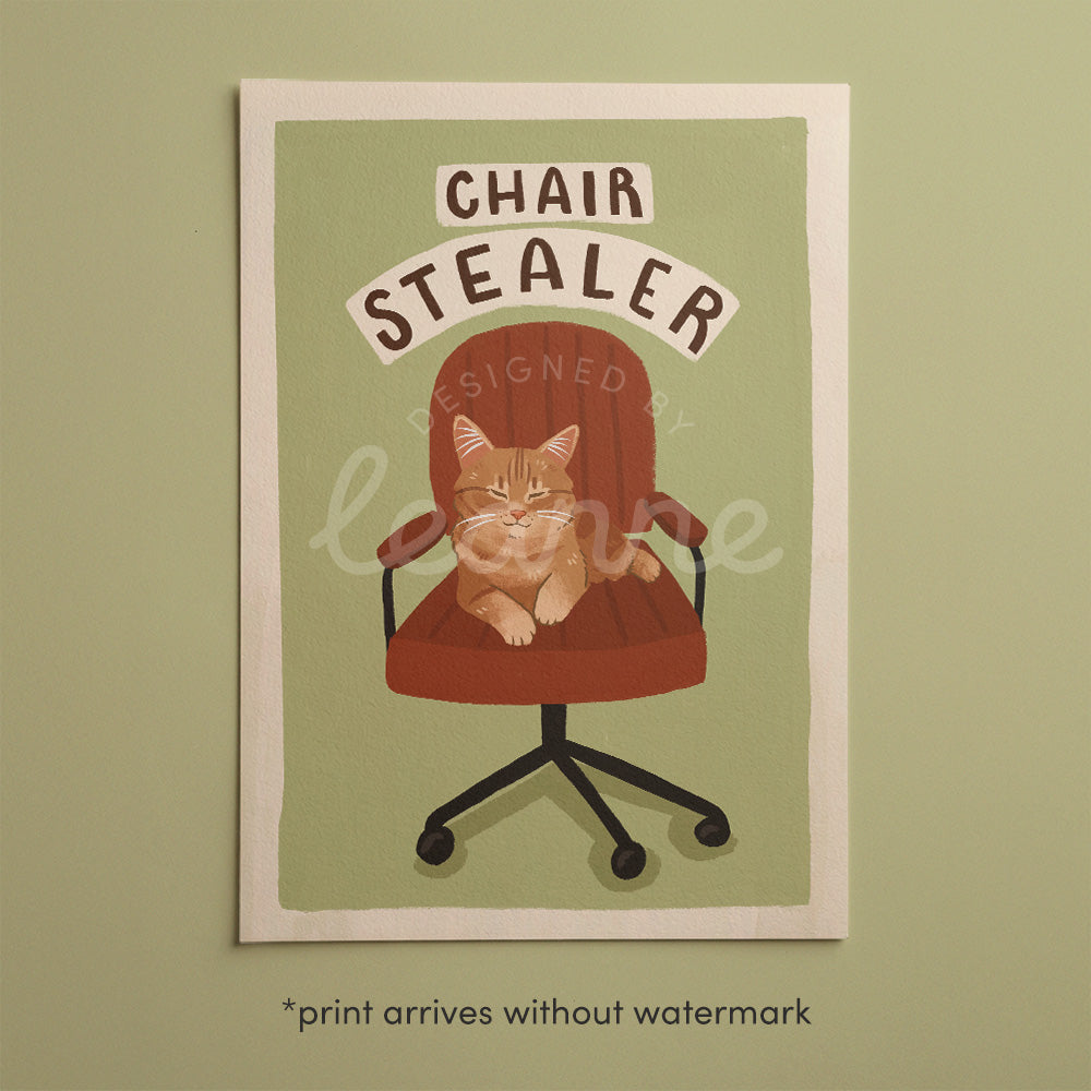 Cat office chair artwork print with orange tabby cat and 'CHAIR STEALER' text on sage