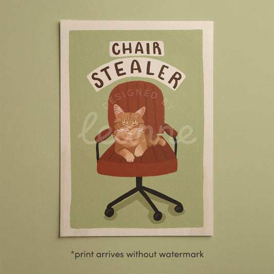 Cat office chair artwork print with orange tabby cat and 'CHAIR STEALER' text on sage