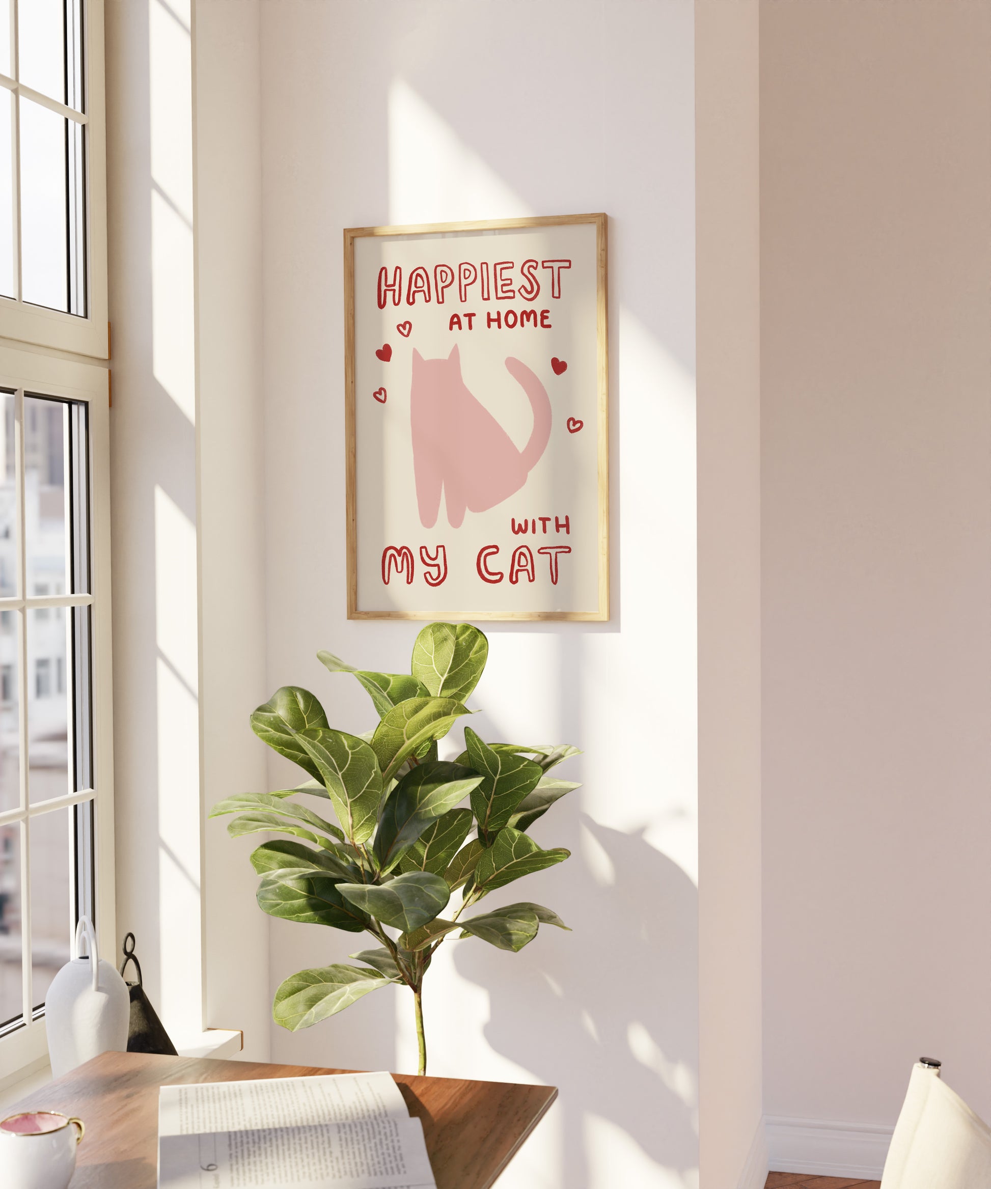 Happiest at Home print with pink cat, “with my cat” and heart accents, in wood frame