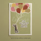 Cat-themed wall art print with balloons and a gray cat illustration, text centered.