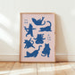 Yoga cat art print, blue on pink, minimalist boho poses, framed