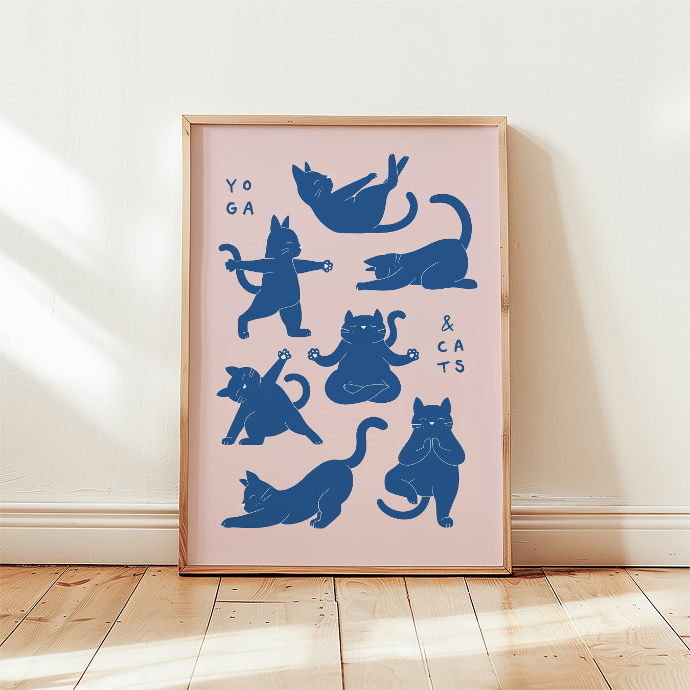 Yoga cat art print, blue on pink, minimalist boho poses, framed