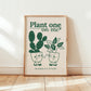 Plant one on me print, leafy green cactus characters holding hands
