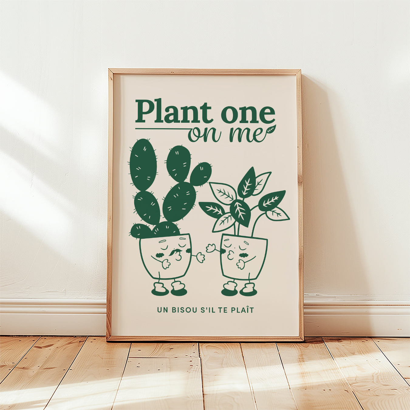 Plant one on me print, leafy green cactus characters holding hands