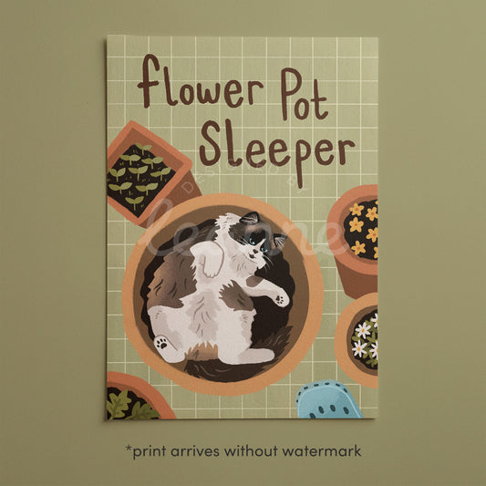 Cat gardening art print with flower-pot pattern and black-and-white cat illustration