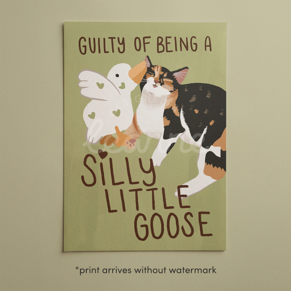 Unframed goose and cat illustration print with “Silly Little Goose” on light green