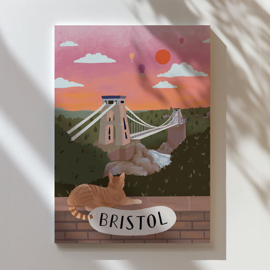 Bristol art print showing suspension bridge, hot-air balloons, and cat under 'BRISTOL'