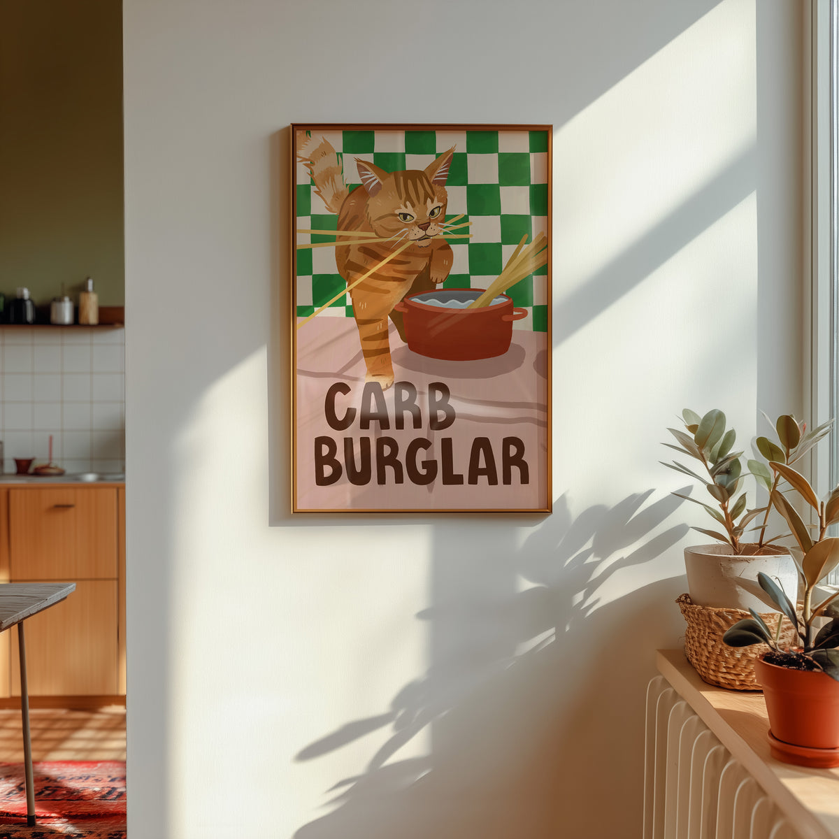 Cat wall art print with orange tabby burglar cat, red bowl, checkered background, “CARB BURGLAR”