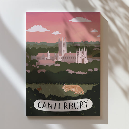 Canterbury framed art print with cathedral skyline, cat illustration, and “CANTERBURY” label