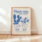Plant one on me print, cornflower blue cactus characters in two potted planters
