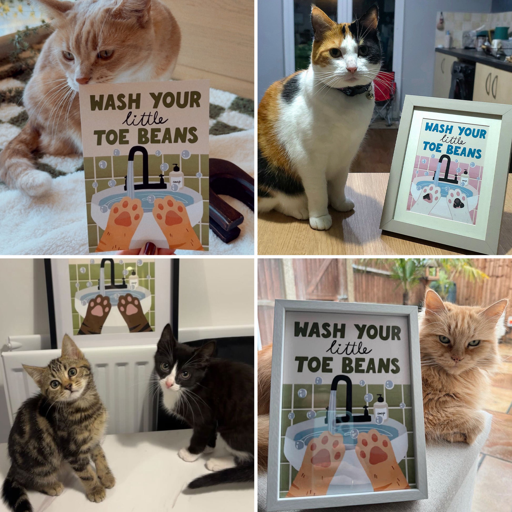 Framed wash your little toe beans print shown with cats on furniture