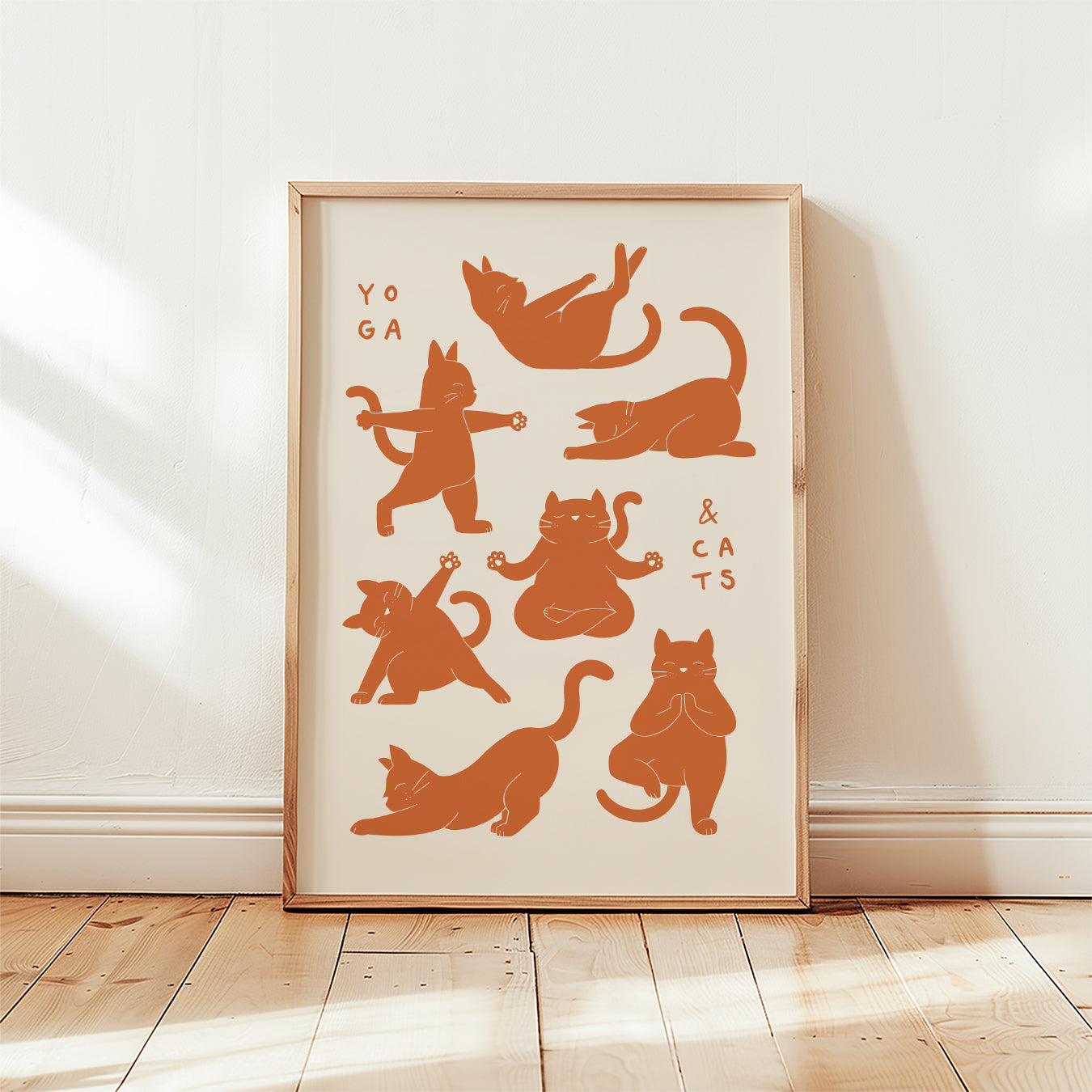 Cat yoga poses art print, orange silhouettes on light background with yoga posture cats