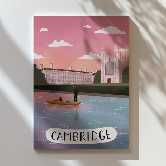 Cambridge poster with illustrated cathedral skyline, water ripples, and “CAMBRIDGE”