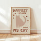 Happiest at Home print with brown cat, red hearts, “with my cat” in light wood frame