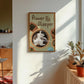 Cat gardening wall art print with flower-pot motif and black-and-white cat in circle