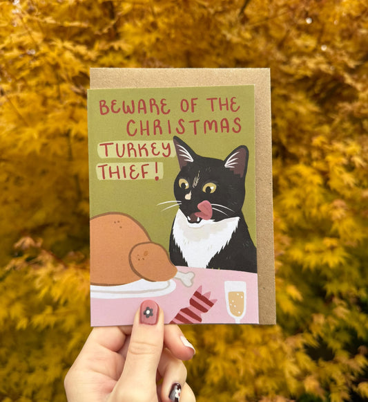 Christmas Turkey Thief Cat Greetings Card