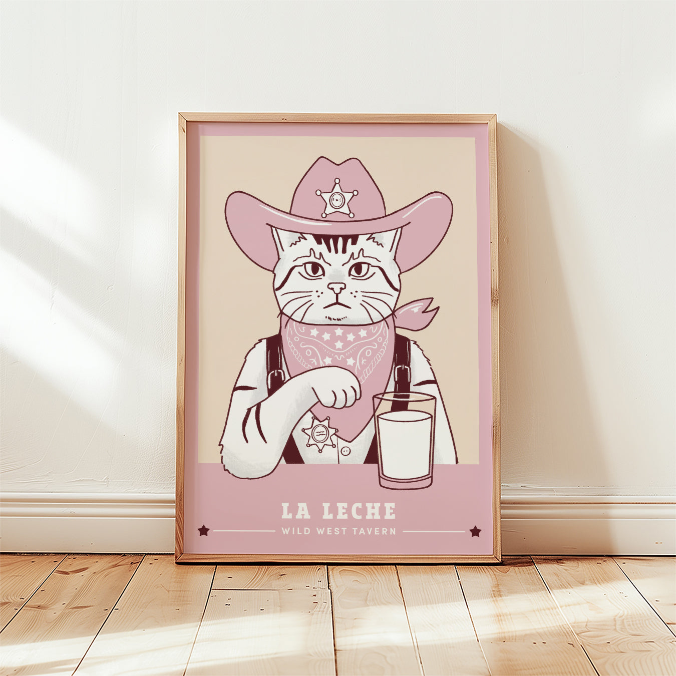 Cowboy sheriff cat poster print, unframed, apricot orange colorway with hat