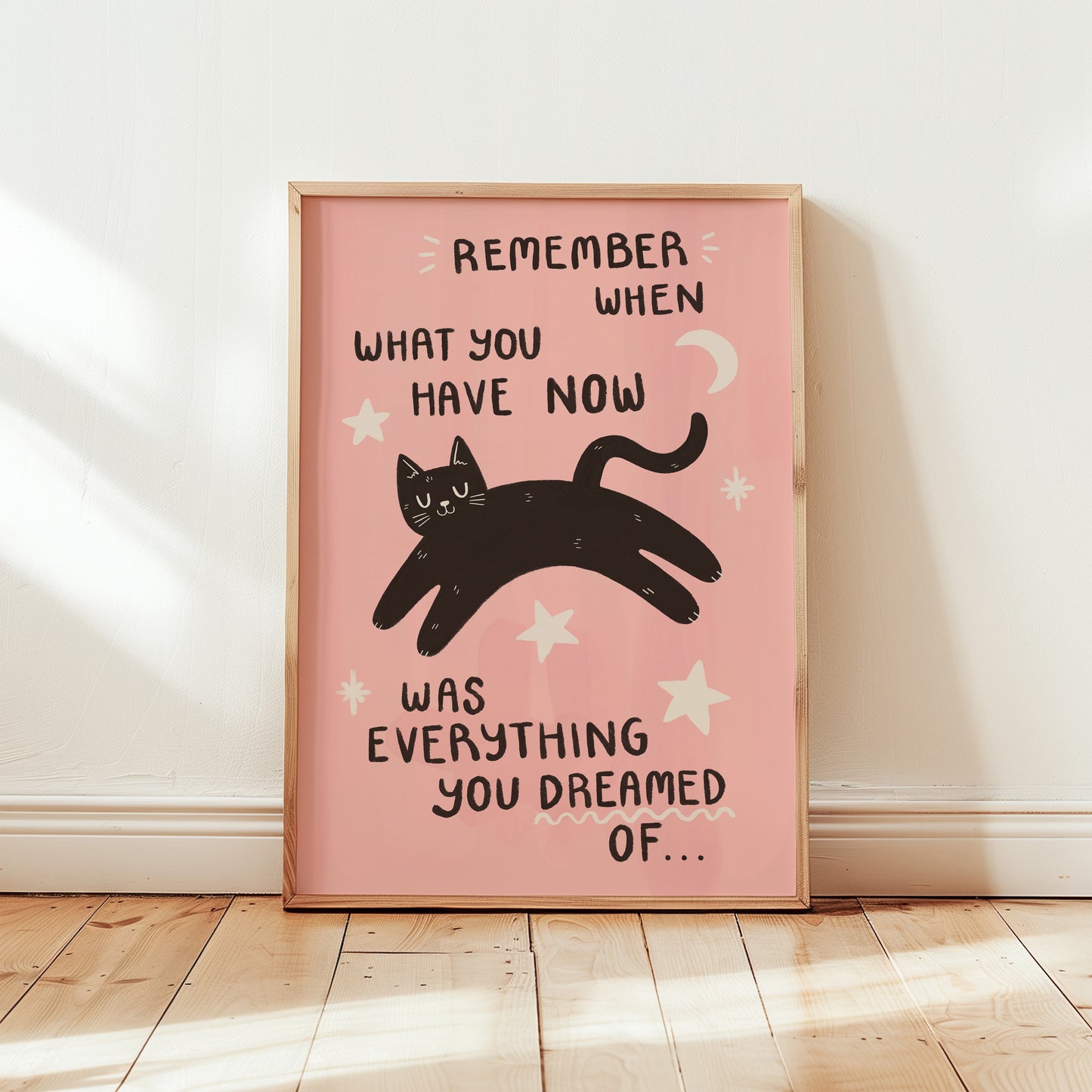 Full pink cat motivation wall print with black cat, crescent moon, and quote text