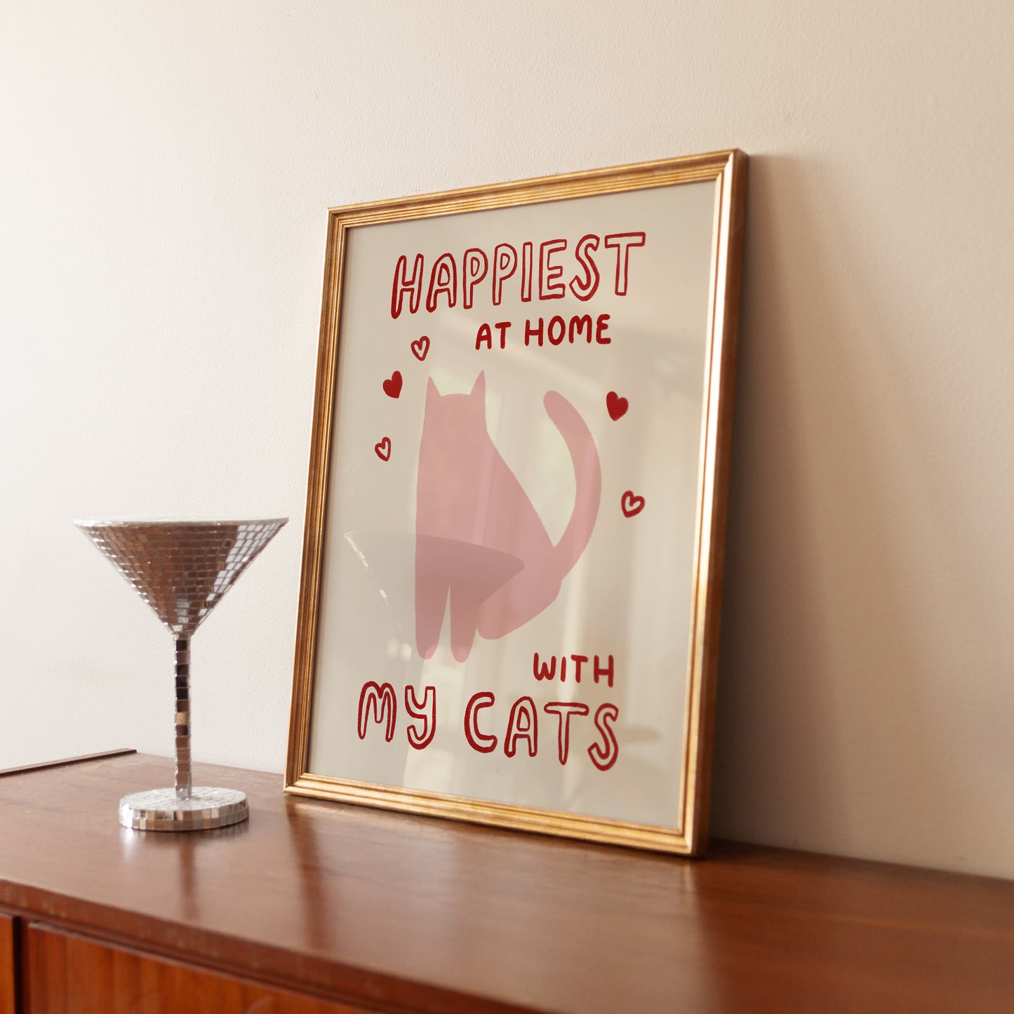 Unframed cat wall art with pink kitty, My Cats lettering and small red hearts