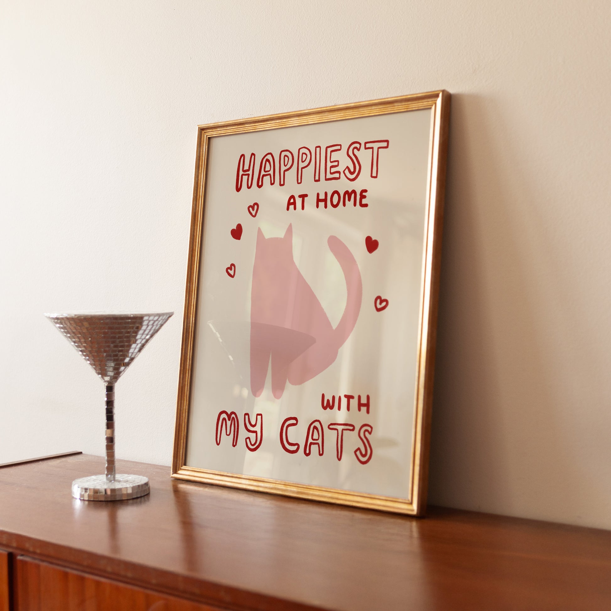 Unframed cat wall art with pink kitty, My Cats lettering and small red hearts