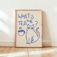 Framed cat print "What’s the Tea?" blue tea cup and cat on beige