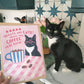 Pink coffee cat print with two cats, stars, and striped coffee cup graphic