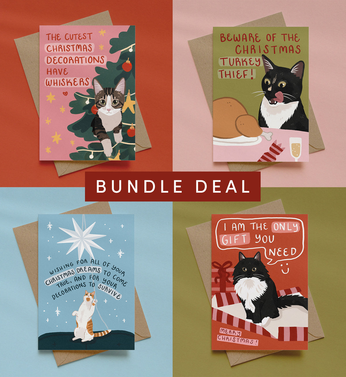 Set of four illustrated Christmas cat cards with kraft envelopes