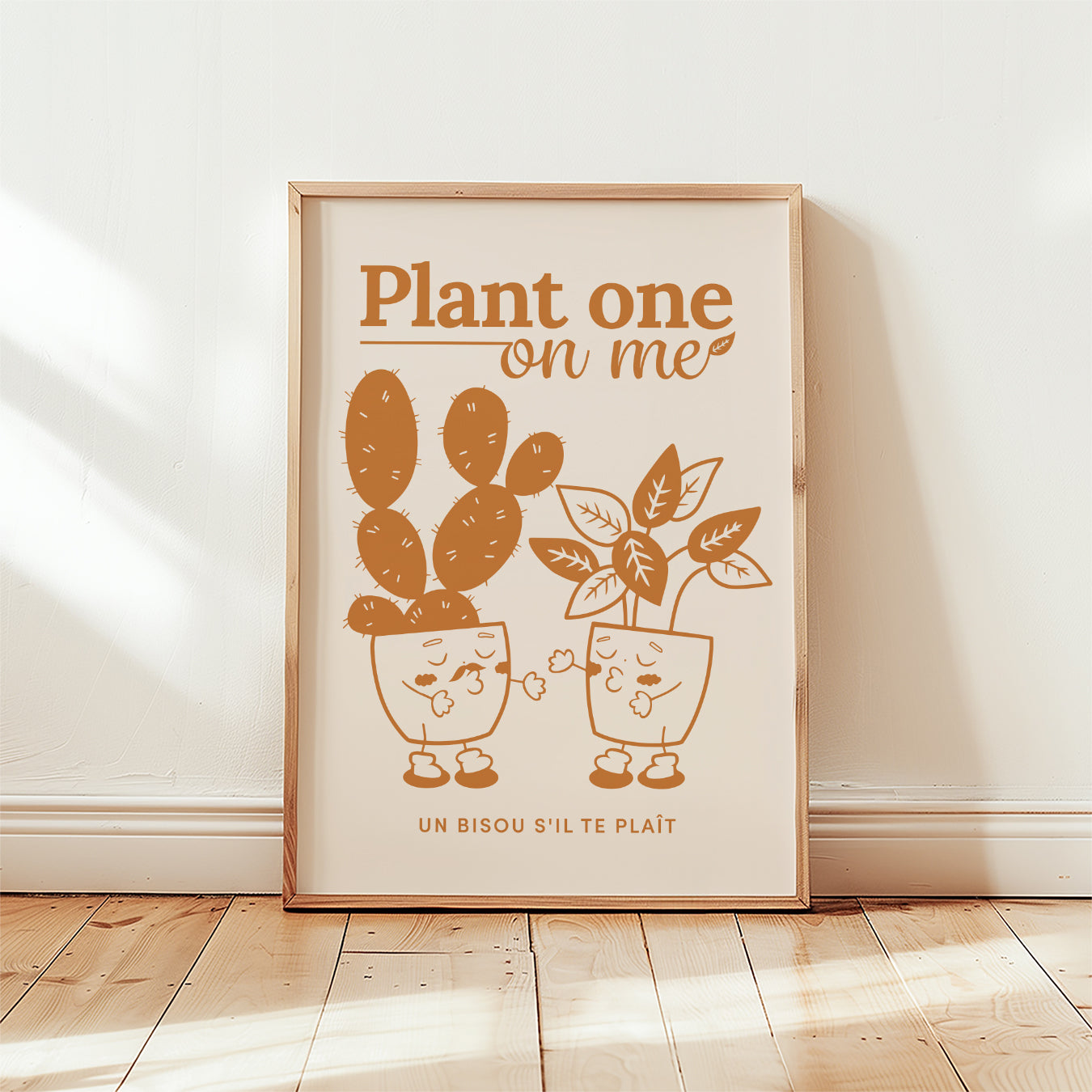 Plant one on me print, terracotta orange cactus characters and branchy plant